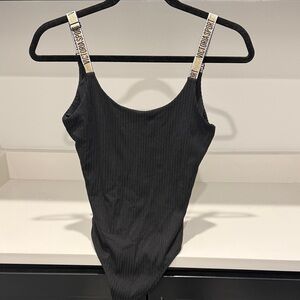 Victoria's Secret Black Ribbed Bodysuit with Logo Straps. Size XS